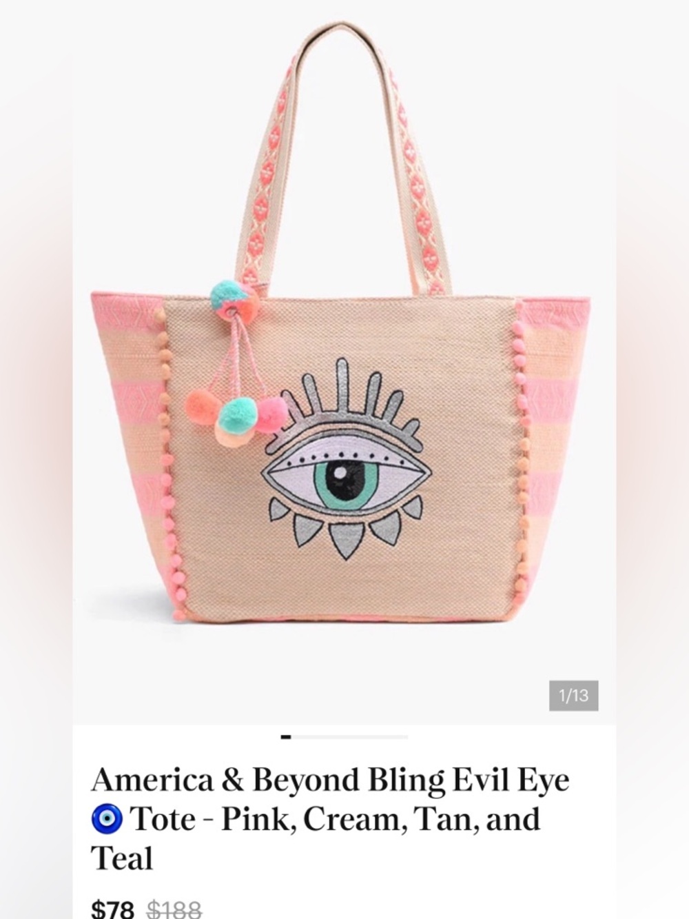 America & Beyond Pink and Cream Evil Eye Tote